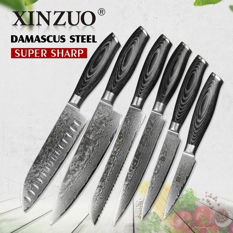  XINZUO 6 Pcs Kitchen Knives Sets High Carbon Japanese VG10 Damascus Steel Chef Santoku Bread Utilit - 32842929703