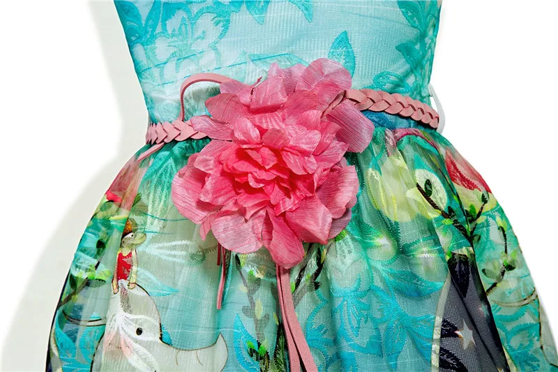 Mesh Floral Printed Children's Sleeveless Princess Dress Sexy Wavy Hem Lace Dress Free Belt Big Pink Flower Kids Dresses07
