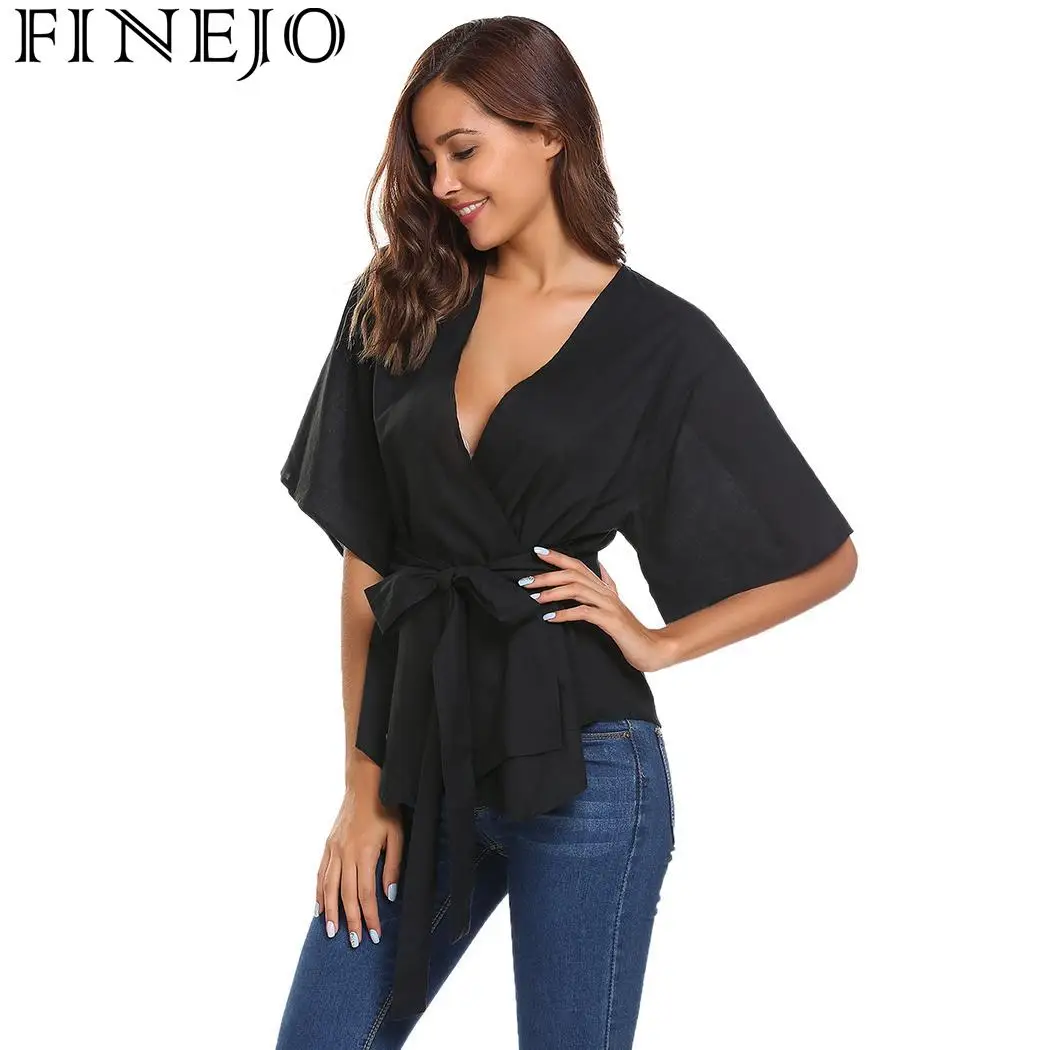 

FINEJO Sleeve Fashion V-Neck Short Women Solid T-Shirt with Belt