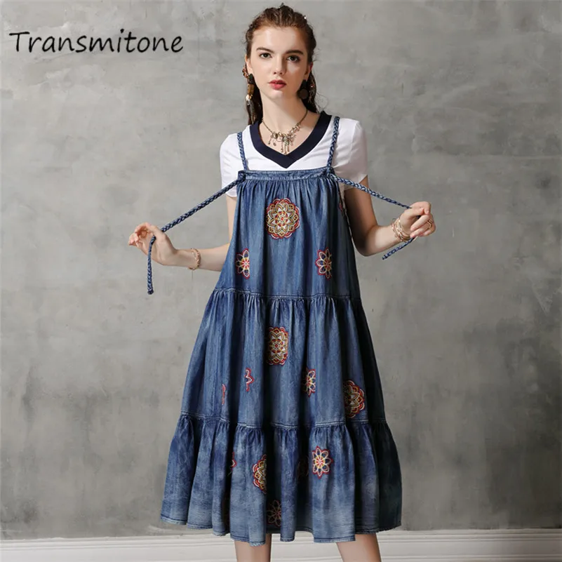 

Summer Adjustable Shoulder Dress 2019 Vintage Women's Denim Dresses Adjustable Shoulder Flower Embroidery Vestidos KE82163