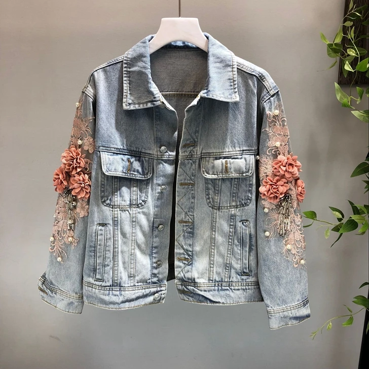discount 2019 Denim Jacket Women Embroidery Three Dimensional Flowers Pearl Bead Short Denim Coat Woman Jean