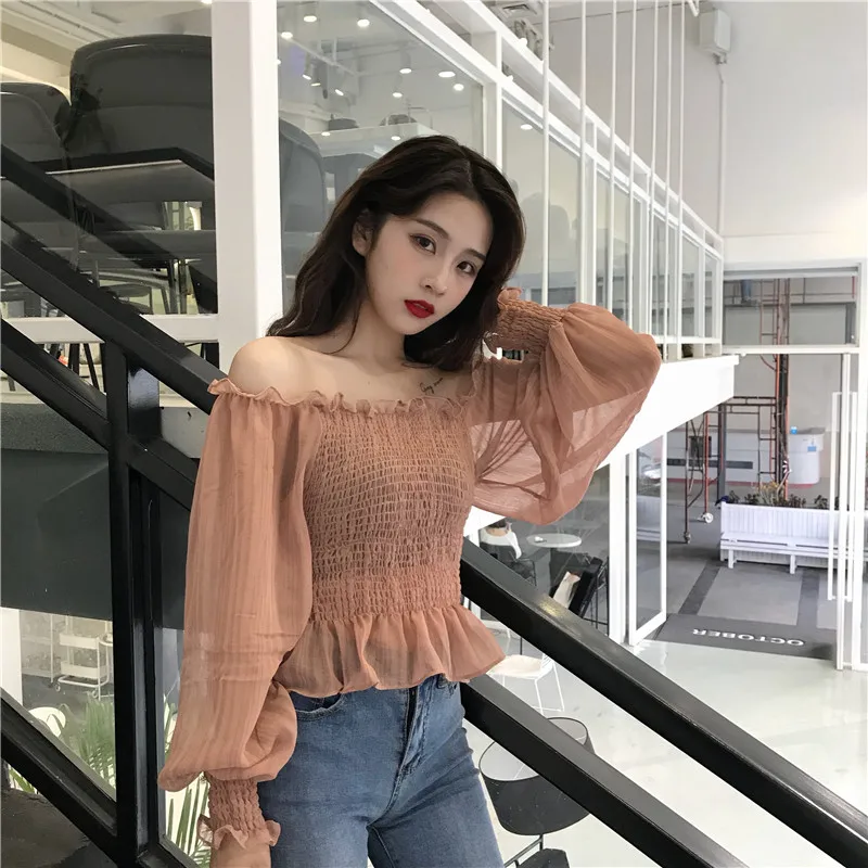 Shirts Women Slash Neck Lace Full Short Simple Elegant Ladies Korean Style Shirt Womens Slim Soft Chiffon Lantern Sleeve Shirt