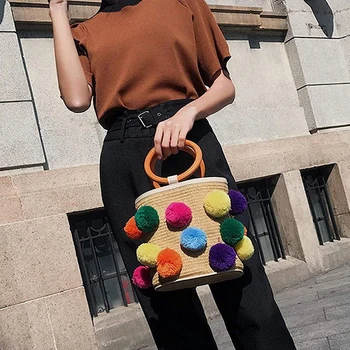 

TEXU Straw Bags Women Beach Bag Bucket Type Crossbody Bag Summer with Peel off PU Shoulder Strap Handbag Rattan, Multicolor