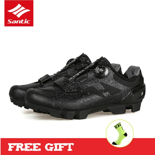 Santic Men Breathable Bicycle Cycling Shoes Professional MTB Mountain Bike Shoes Quick Dry PU Soft Elastic Lock Riding Shoes - Цвет: Black-MS17003