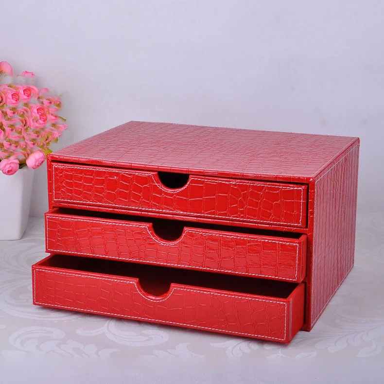 Double Layer 3 Drawer Leather Desk File Cabinet Filing Box