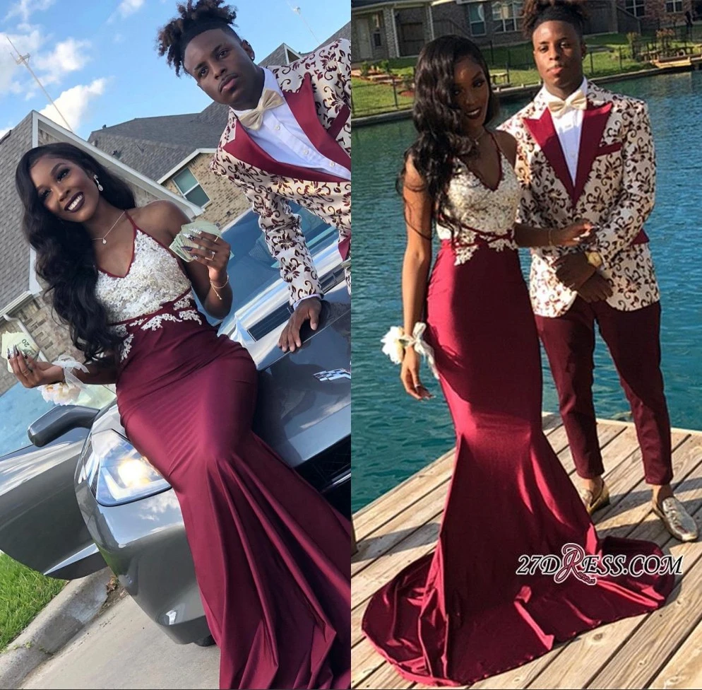 Sexy Mermaid Burgundy Prom Dresses Long White Appliqued Pears V Neck Black Girls Prom Dresses Formal Party Gown satin prom dress