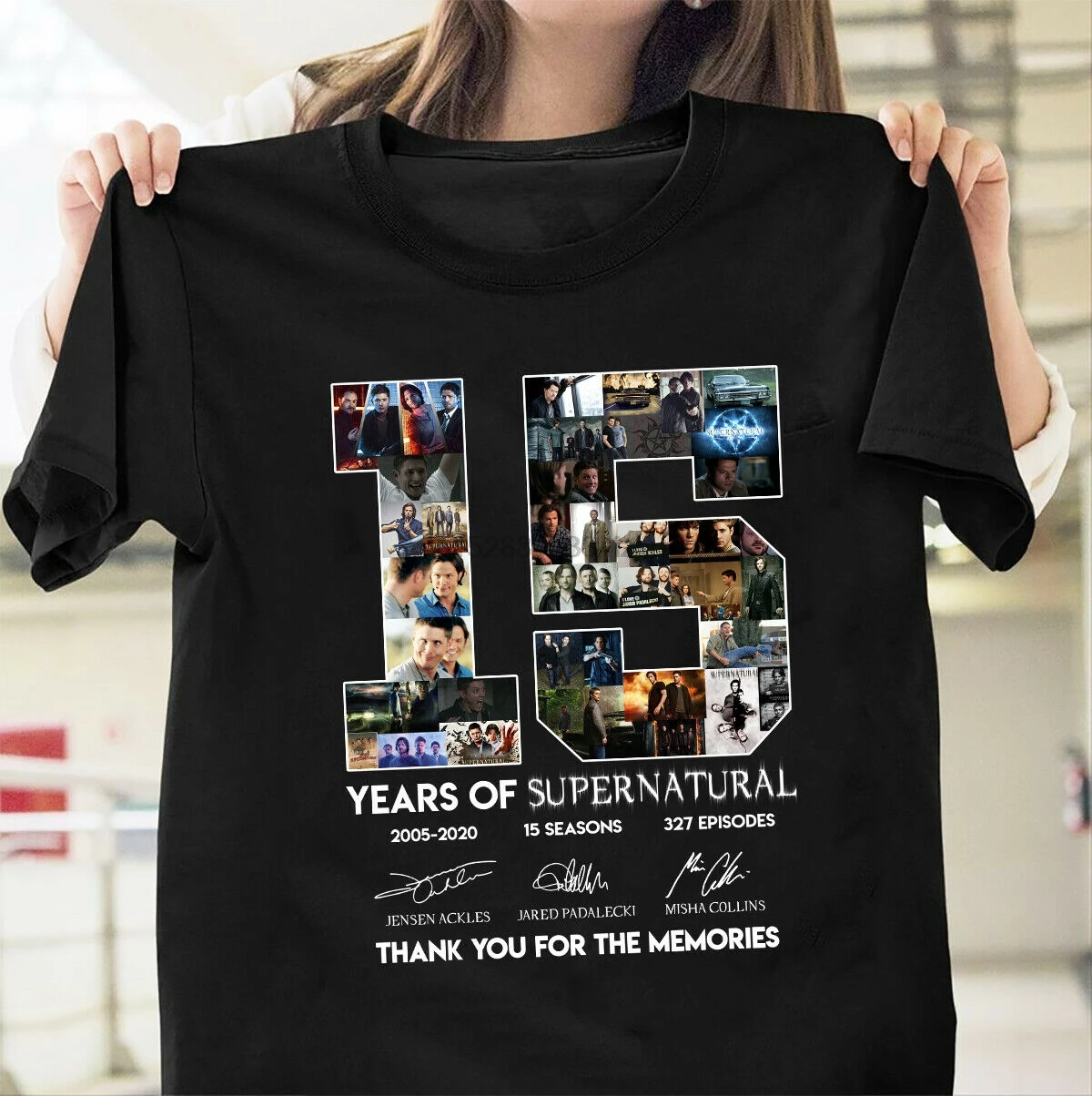 

Supernatural 15 Years Anniversary Dean Sam Castiel Signatures Black Men T-Shirt Summer Short Sleeves Cotton Fashion T Shirt