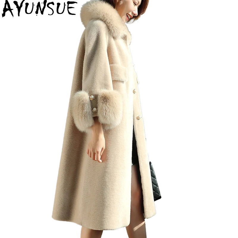 

AYUNSUE Women Sheep Shearling Jacket Real Wool Fur Coats 2019 Luxury Natural Fox Fur Collar Long Warm Winter Coat Women 1922