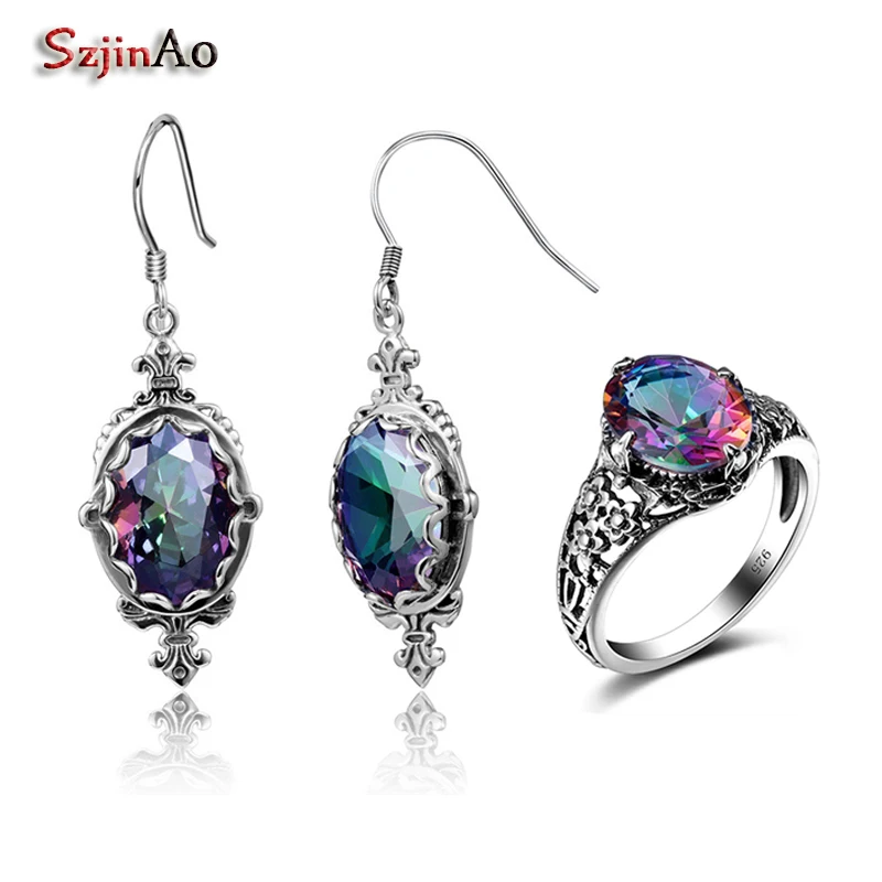 

Szjinao Fire Rainbow Topaz Jewelry Flower Ring Earrings Sets Wedding African Beads Jewelry Set for Women Handmade