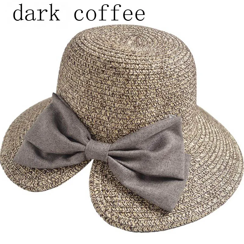 dark coffee Doitbest корейские женские соломенные шляпы с бантом летние солнечные шляпы для женщин женские пляжные шляпы складные солнцезащитные широкие с каймой плоскя Gorras - Цвет: dark coffee