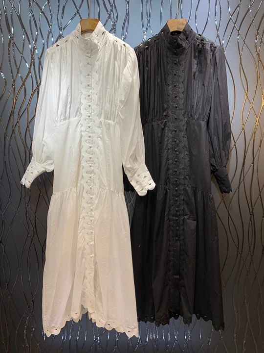 

Summer 2019 New Leader's Shoulder Hollow Long Sleeve Pure Color Dress 614