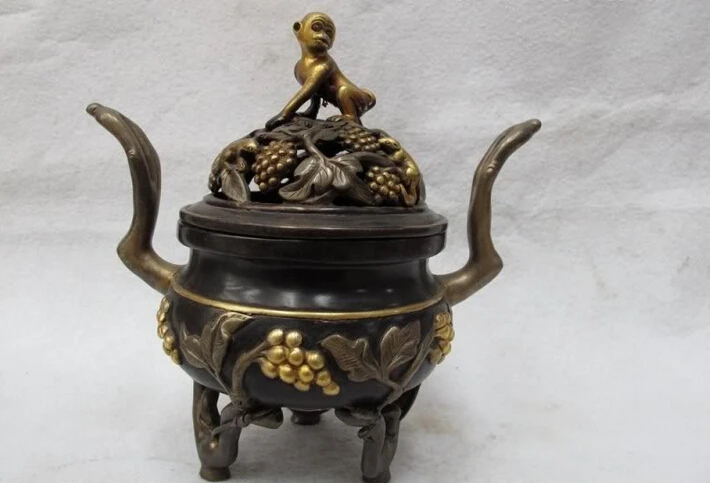 

Collectible bronze lion statue S0519 100% purple Bronze 24K Gild Silver Monkey grape longevity incense burner Censer (B0413)