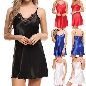 

2018 New Women's Summer Lace Strap Sleepwear Satin Silk Nightgown Night Dress V Neck Comfort Solid Sleepshirts