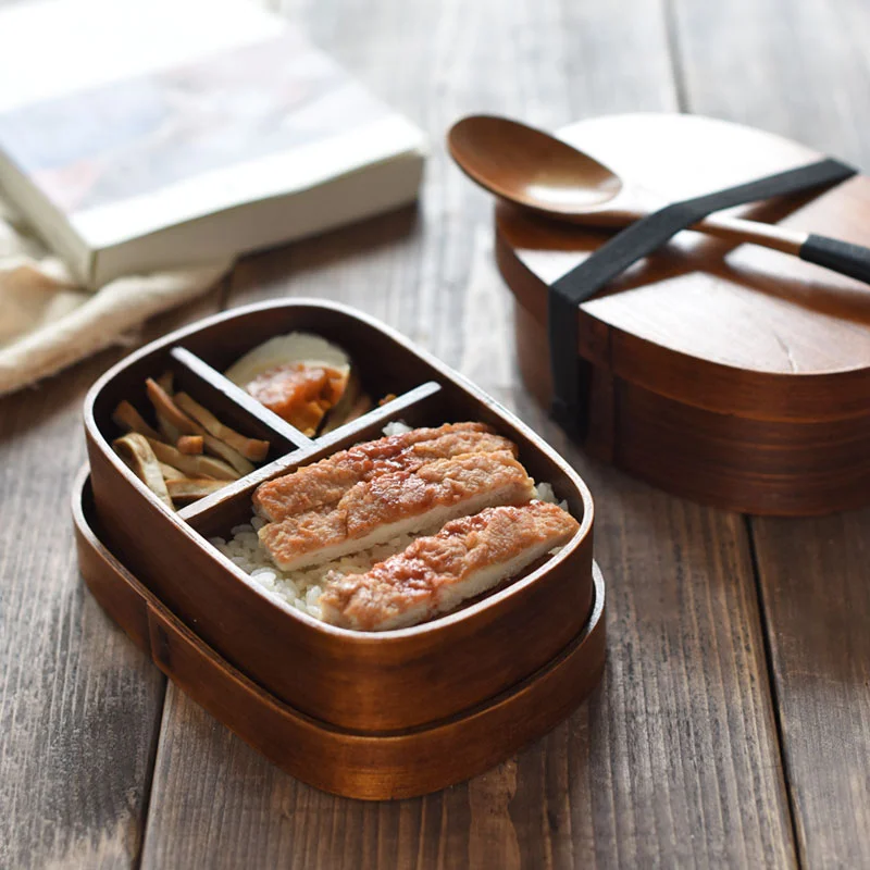 Natural Wood Japanese Style Bento Boxes Sushi Food Container Students