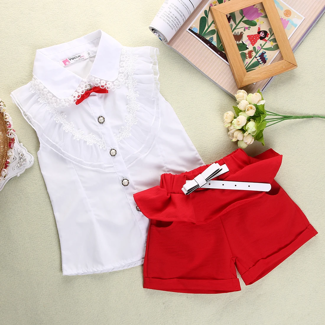 

Pudcoco Kids Girls Sleeveless Lace Button Tops Shirt + Ruffles Short Pants 2pcs Summer Cotton Outfits Set 2-7Y