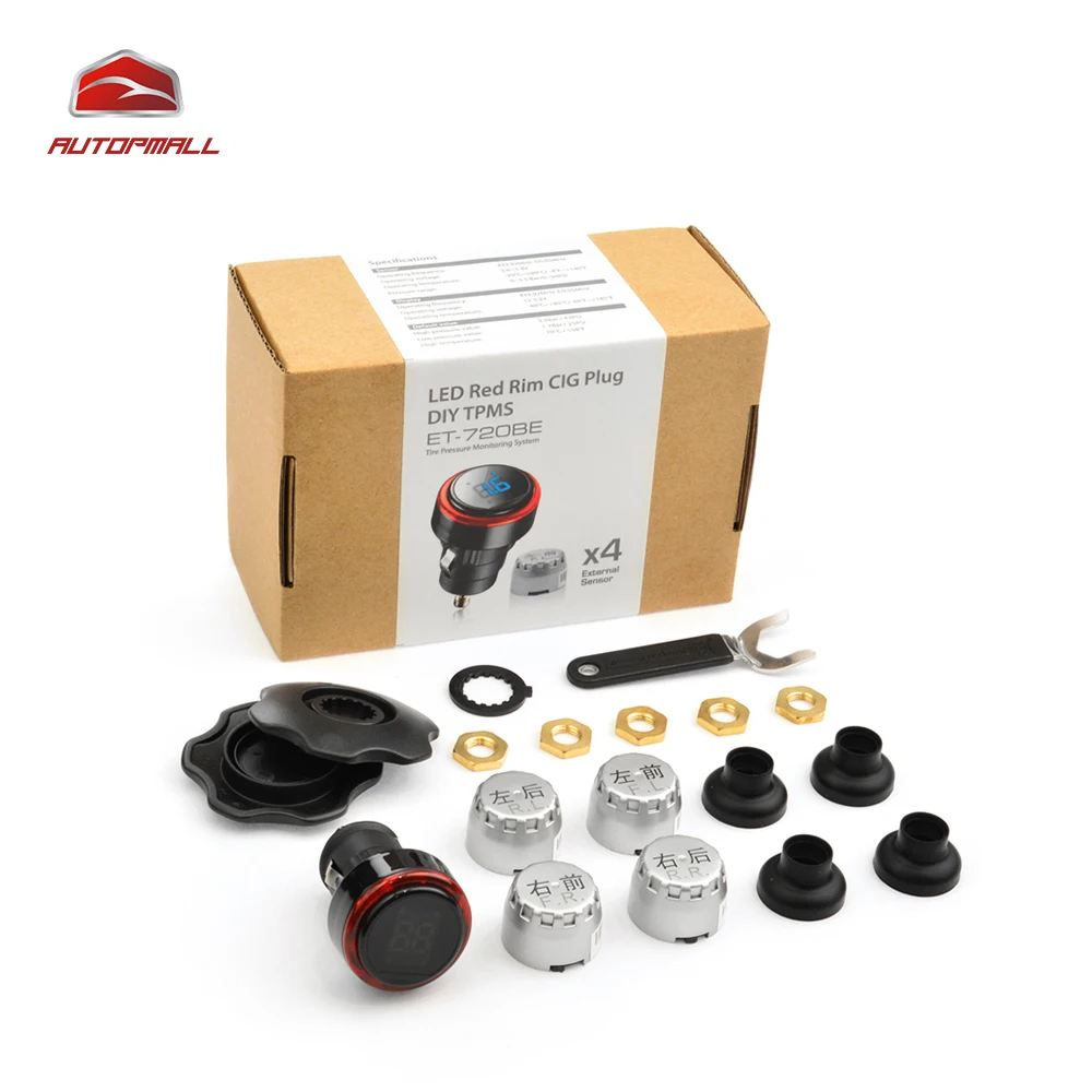 

TPMS Tire Pressure Monitor ET-720BE DIY Installation Cigarette Plug Display Wireless Transmission 4 Valve-cap External Sensors