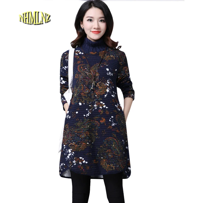 

2019 Women New Autumn Winter Printing Knit Dress Casual Retro Comfortable Set head High collar Large size Women Dress OK70