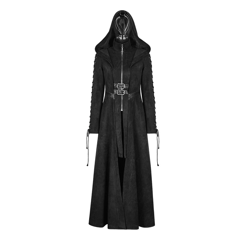 Панк рейв Готический женский с капюшоном ведьма длинное пальто панк винтажная повязка пальто длинный рукав вампир куртки длинный плащ - Цвет: Black