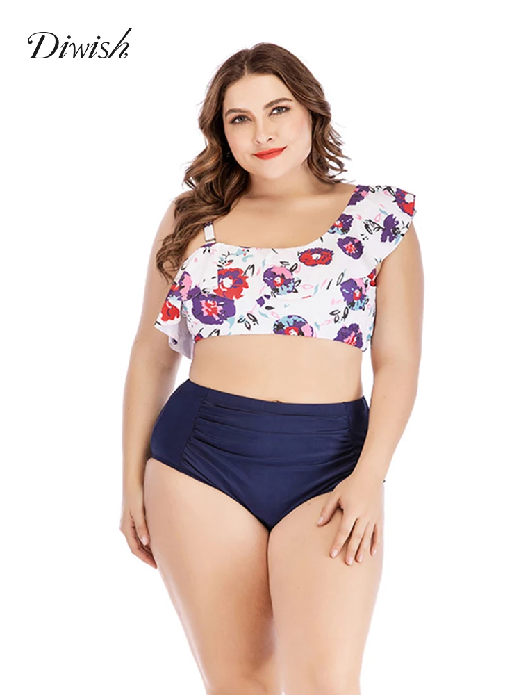 

Diwish Women Swimsuit Large Sizes 2019 High Waist Bikini Floral Asymmetric Ruffle Tankini Swimsuits Women Plus Size Bikini Sets