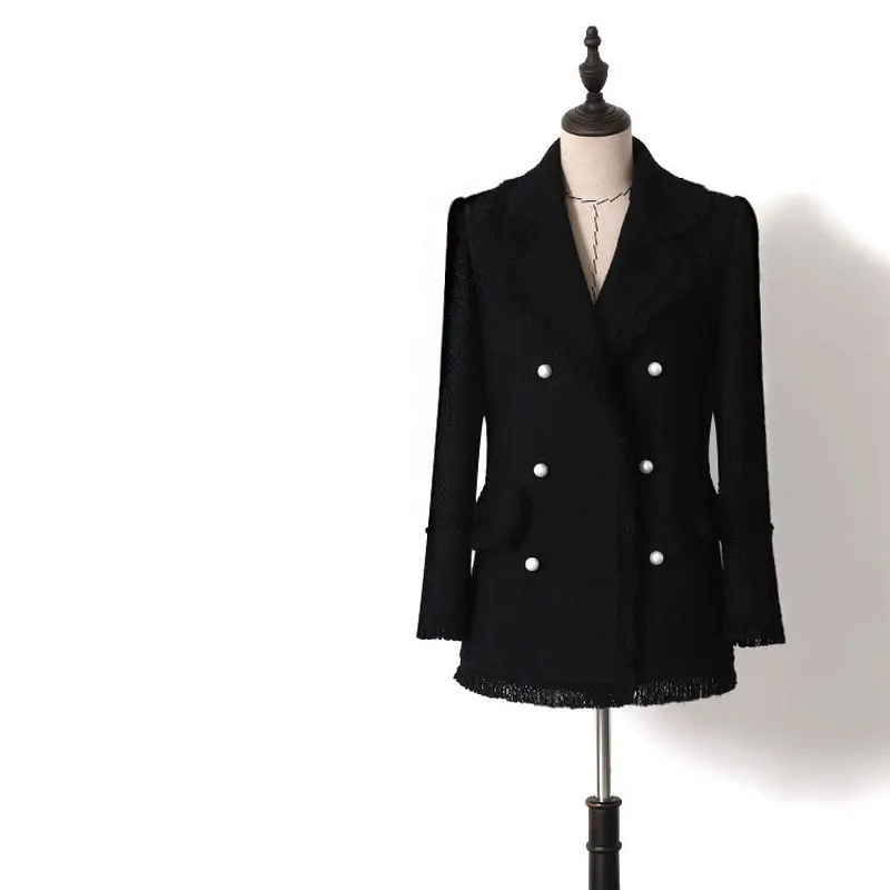 

Classic Black Women Pearls Buttons Tweed Blazers 2019 Spring Autumn Ladies Double Breasted Tassel Coats Jackets Y050