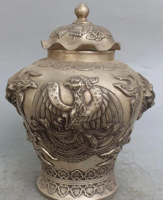 

13" Marked Chinese Silver 8 auspicious symbol Phoenix Lion Vase Bowl Pot Statue S0708 (B0413)