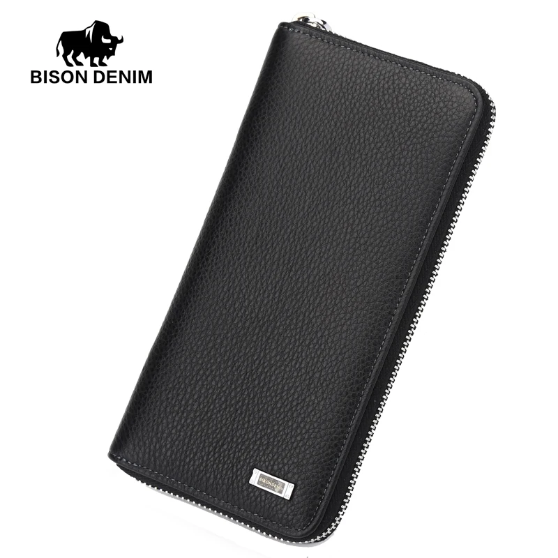 BISON DENIM 2016 Brand Designer Top Cowhide Leather Men's Long Wallet Clutch Wrist bag black wallets and purses card holder