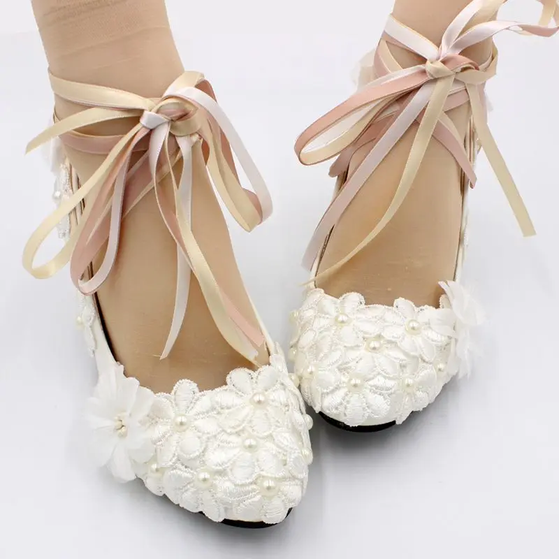 

New design 2019 white lace ivory pearl wedding shoes bride ankle colored satin straps NQ208 heel 5CM ladies party dancing pumps