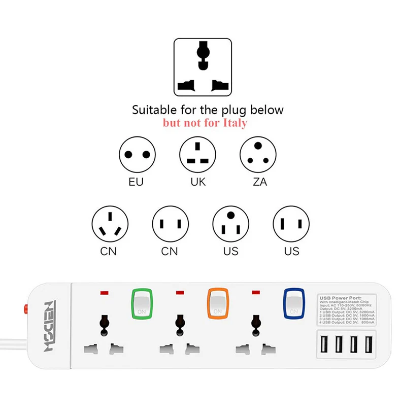 Дорожный удлинитель 3 индивидуально переключаемый с 4 портами usb 3.2A Защита от перенапряжения сетевой шнур 1,8 м 3250 Вт 13А штепсельная вилка европейского стандарта