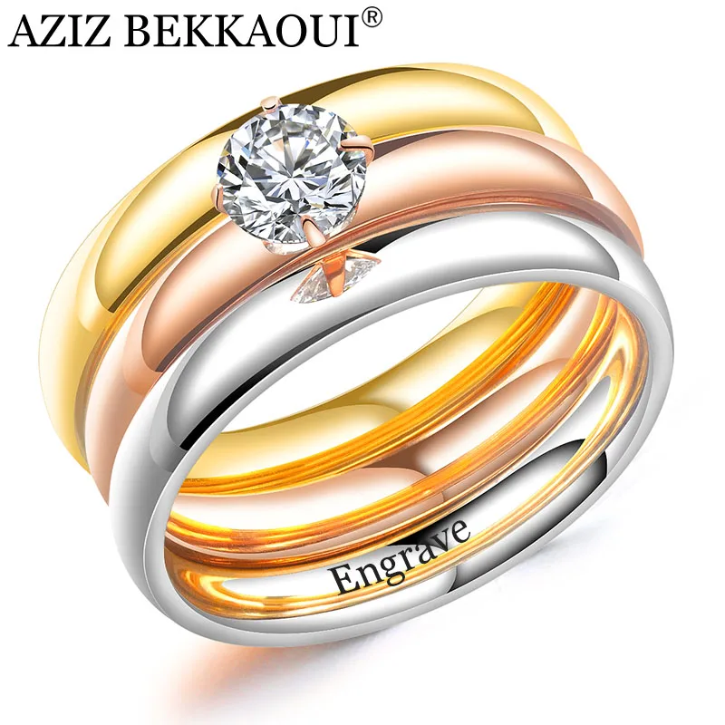 

AZIZ BEKKAOUI Unique Engrave Name 3 in 1 Crystal Rings Stainless Steel Triple Women Rings Wedding Band Three Gold Color Rings