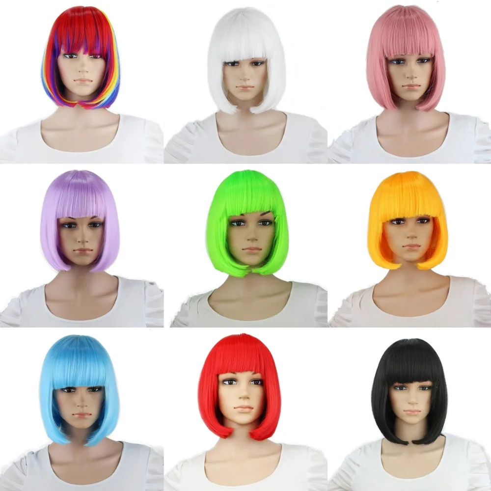 Tanie Yiyaobess Syntetyczne 10 inch Prosto Kr oacute;tki Bob Peruki Bangs Niebieski Złoty Czerwony Czarny Biały Fioletowy R oacute;żowy Zielony Brązowy Cosplay Peruka kobiet