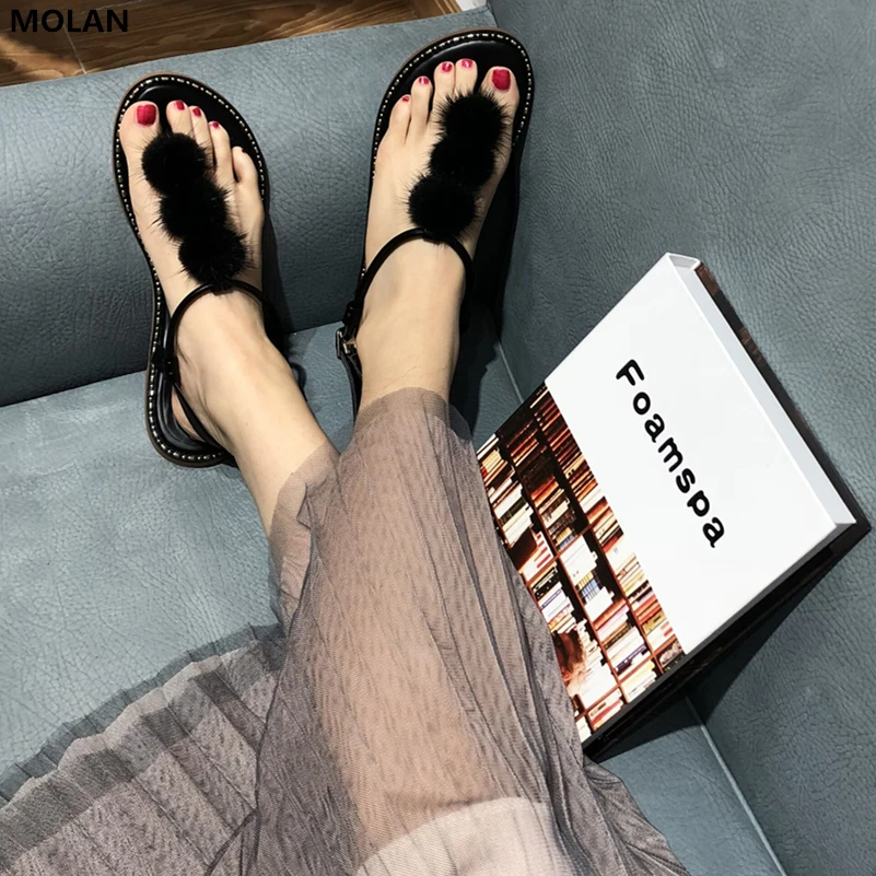 

MOLAN Brand Designers 2019 Summer Luxury Pompom Clip Toe Woman Sandals Buckle Comfortable Soft Bottom Flat Shoes For Beach 35-39