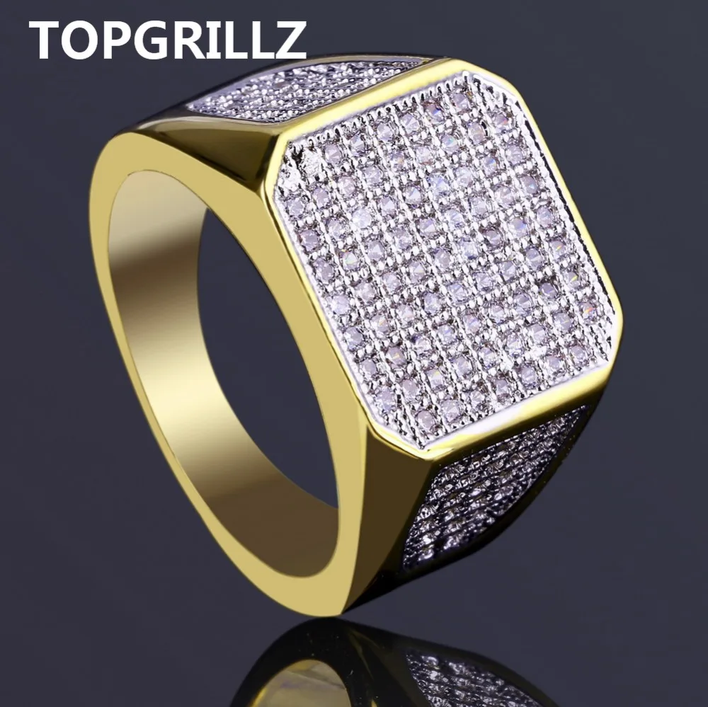 

TOPGRILLZ Hip Hop Micro Pave Cubic Zircon Ring All Iced Out Copper Gold Color Rings For Men Jewelry Gift