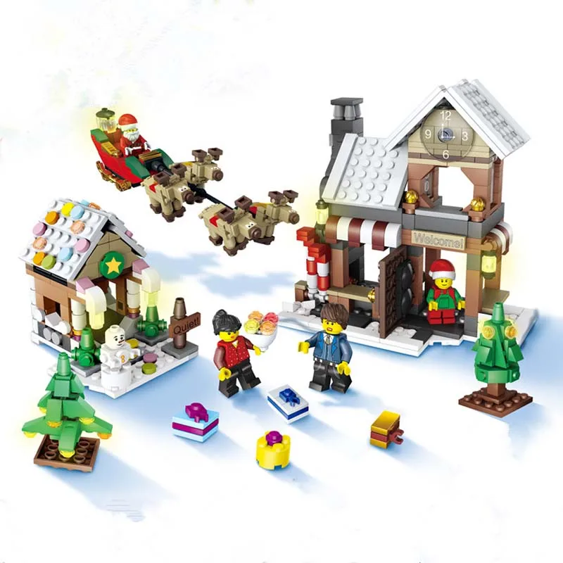 

741pcs Creative street view Winter village Christmas Santa Claus with elk Building Blocks Toys For children Christmas gift