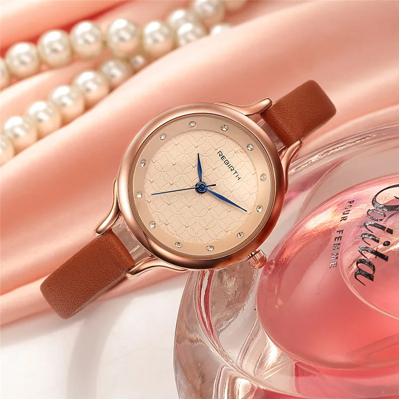 

REBIRTH Red Simple Style Women's Bracelet Quartz Watch Woman Watches Leather Strap Round Clock Female Ladies WristWatches 2018