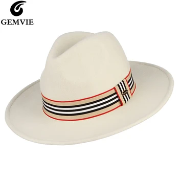 

GEMVIE Brand 100% Wool Soft White Hat Felt Fedoras Panama Hat With Ribbon For Women Wide Brim New Fashion Church Derby Jazz Cap