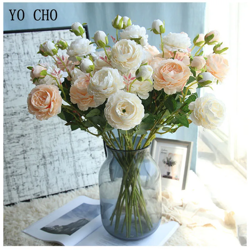 YO CHO 60 см Белые пионы искусственный цветок Пион Шелковый цветок букет Искусственный цветок для свадьбы украшение дома 3 головки розы