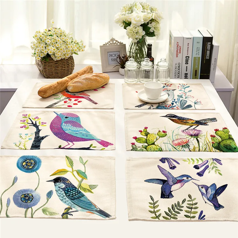 Pastoral Cotton Linen Bird Print Table Dishware Placemats For Dinner