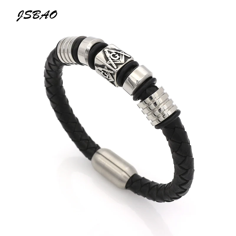 

JSBAO Length 21.50CM Magnetic Buckle Genuine Leather Bracelet Stainless Steel Freemason Masonic Bracelets Men's Jewelry