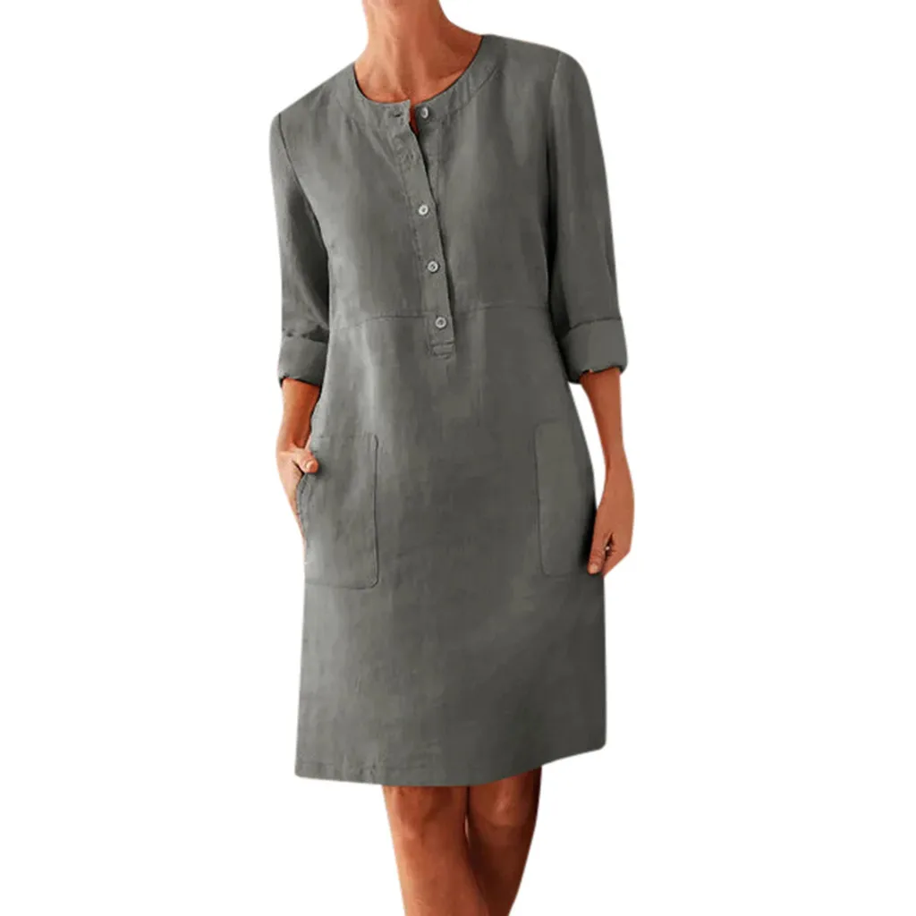 

Modis Women Summer Solid Mini Dress Casual Loose Round Neck Long Sleeve Pocket Button OL Office Dress Vestido Verano #B
