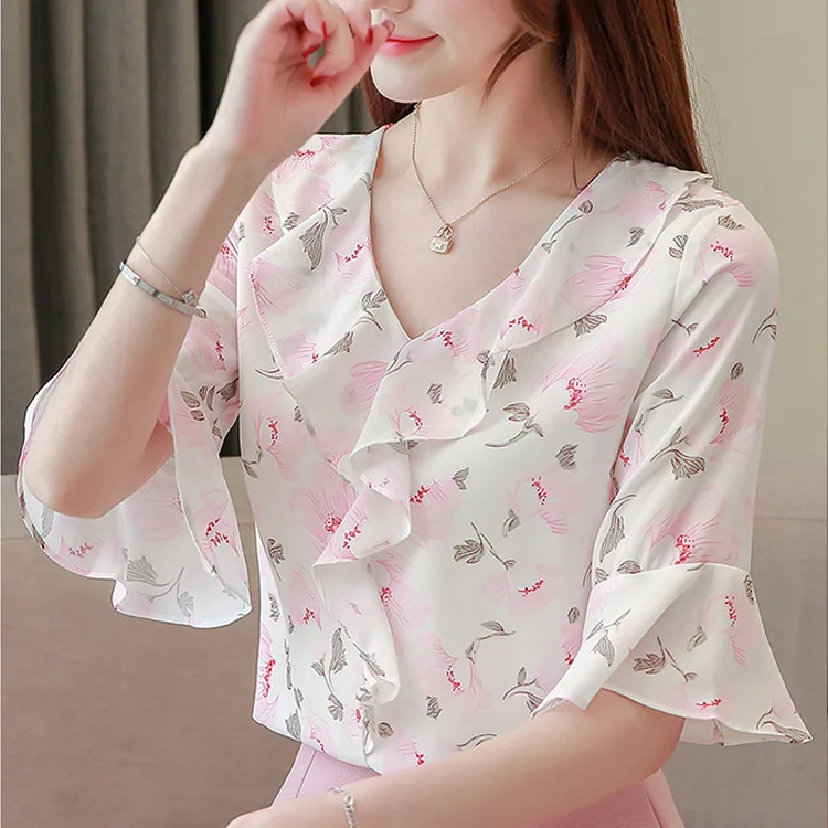 

Fashion Women Printed Summer V Collar Slim Sweet Loose Temperament Casual Chiffon Blouse Shirts