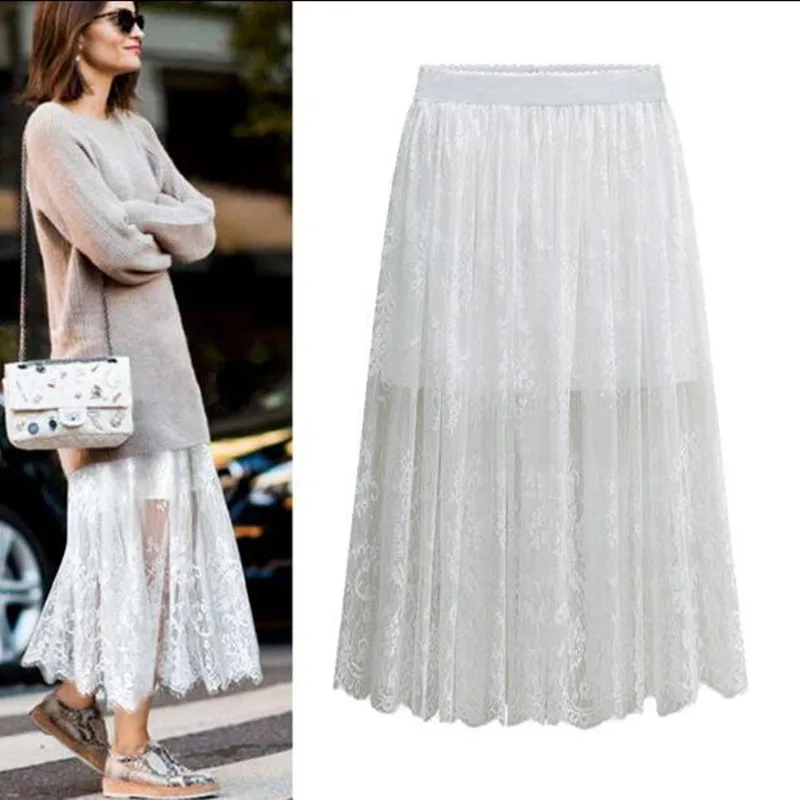 

Fashion Lace skirt,Women Summer High Waist Pleated skirt,plus size M-5XL 6XL long Spring Summer lace chiffon skirts black white