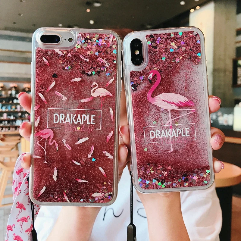 

Hot Cute Flamingo Transparent Glitter Dynamic Quicksand Liquid Sequins With lanyard Phone Case For iPhone 6 6s 7 8Plus X Cover