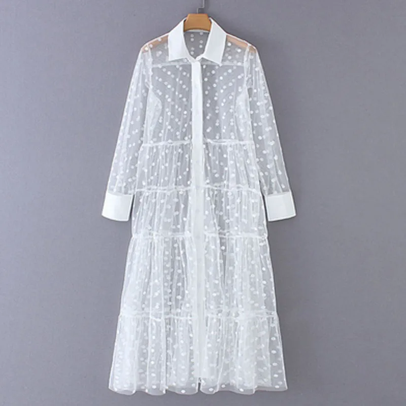 

Women Summer Boho Midi Dress Lace Mesh Sheer Sexy See Through Dress Dot Long Sleeve Casual Loose Beach Dresses Sundress