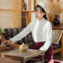 Осенняя новая ретро-табличка с пуговицами в китайском стиле, рубашка с воротником-стойкой, белая рубашка с длинными рукавами