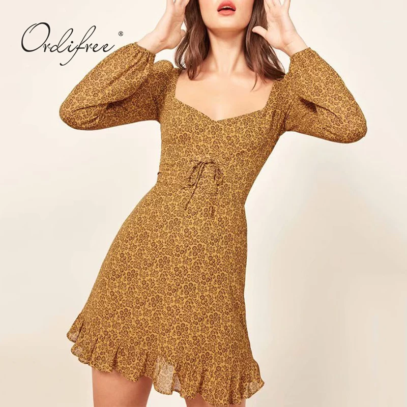 

Ordifree 2019 Summer Women Sundress Floral Mini Dress Vintage Print Sexy Lace Up Yellow Ruffle Dress