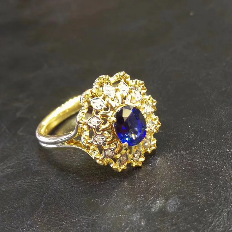 

ANI 18K Yellow Gold (AU750) Engagement Women Ring Certified Oval Cut Blue Sapphire Natural Diamond Ring for Women Anniversary