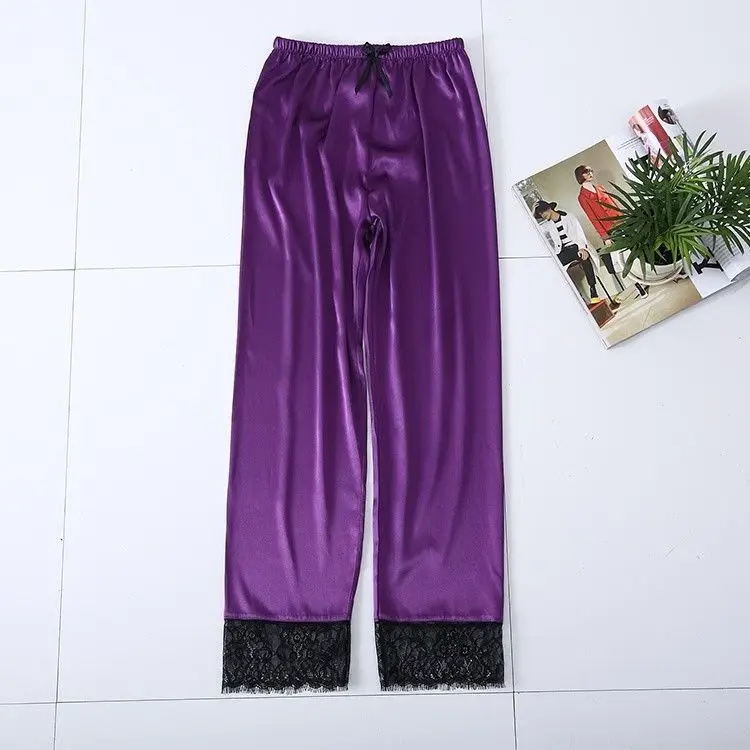 Летние Для женщин атласная пижамные штаны полной длины Повседневное мягкий лаунж-Пижама, одежда для сна, с кружевной отделкой модное нижнее белье Красочные 906-A024 - Цвет: Лаванда