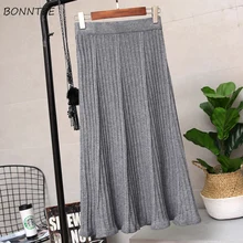 Женские юбки, осенне-зимняя верхняя одежда, до середины икры, вязанная Однотонная юбка, женская, s, толстая, плиссированная, повседневная, элегантная, мягкая, для девушек, подходит ко всему