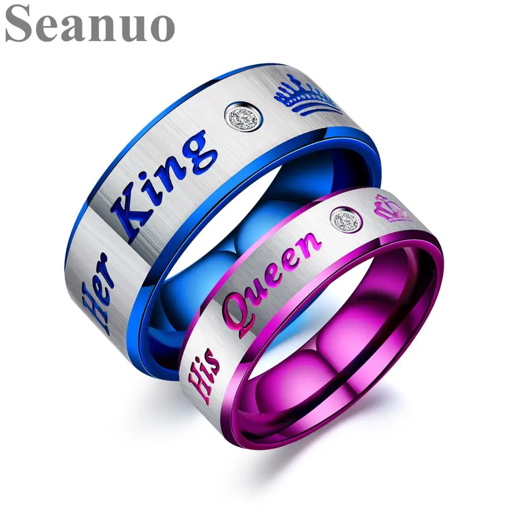 cheap Seanuo Her King amp; His Queen Couple Wedding Band Rings Stainless Steel CZ Lover Anniversary Engagement Promise Ring for Women Men