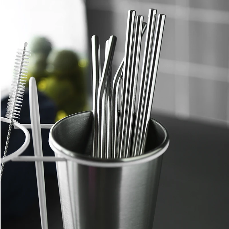 Reusable Bent Straight Stainless Steel Straws Cleaning Brush Cocktail Juice Soda Drinking Straws Metal Straws for 20Oz Rambler Tumblers Bar Accessories (10)